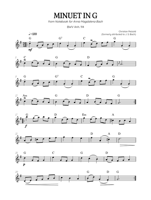Petzold (Bach) Minuet in G BWV Anh 114 | flute solo (with chords) (Arr. Benzaiten Editions) - Christian Petzold, Johann Sebastian Bach (Flute Solo)