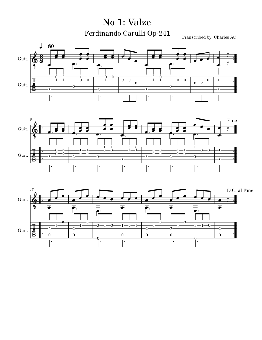 楽譜 No 1 Valze: Op 241 - Ferdinando Carulli Sheet Music and Tab