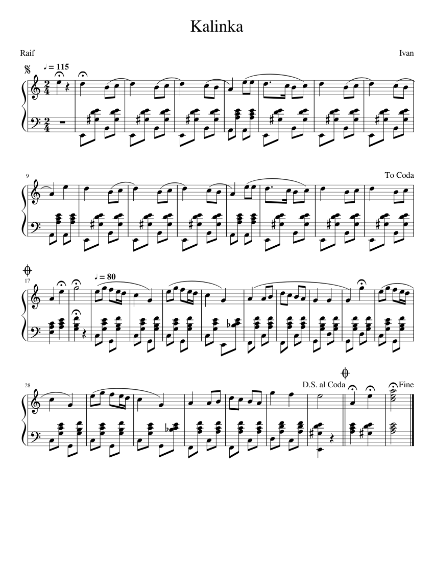 Kalinka Sheet music for Piano Solo Easy Musescore