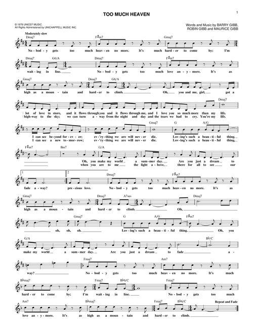 Too Much Heaven - Bee Gees (Lead Sheet - Fake Book)