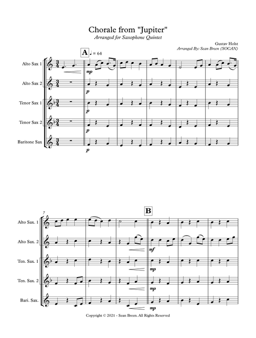 Chorale from "Jupiter" - Sax Quintet (Arr. Sean Breen) - Gustav Holst (Woodwind Ensemble)
