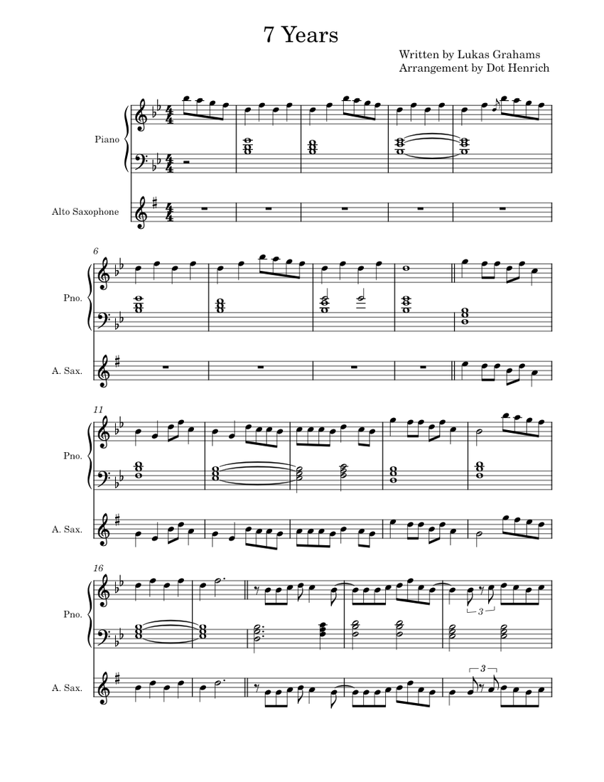 7 Years – Lukas Graham Sheet Music for Piano, Saxophone alto