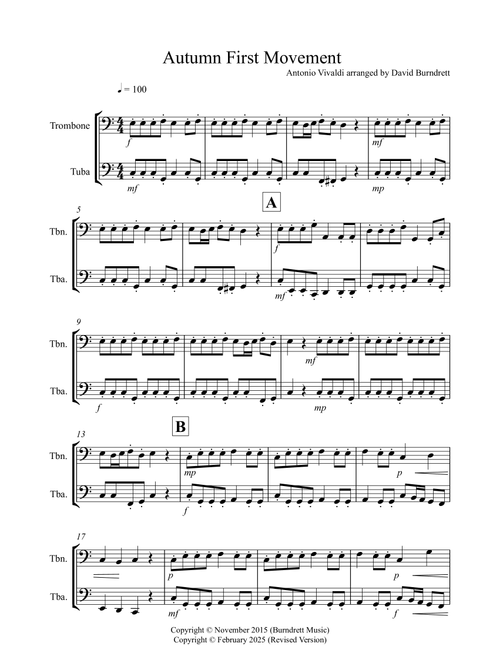 Autumn "Four Seasons" for Trombone and Tuba Duet (Arr. David Burndrett) - Antonio Vivaldi (Instrumental Duet)