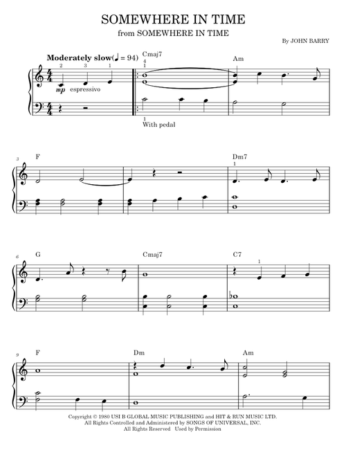Somewhere in time - John Barry (Easy Piano)