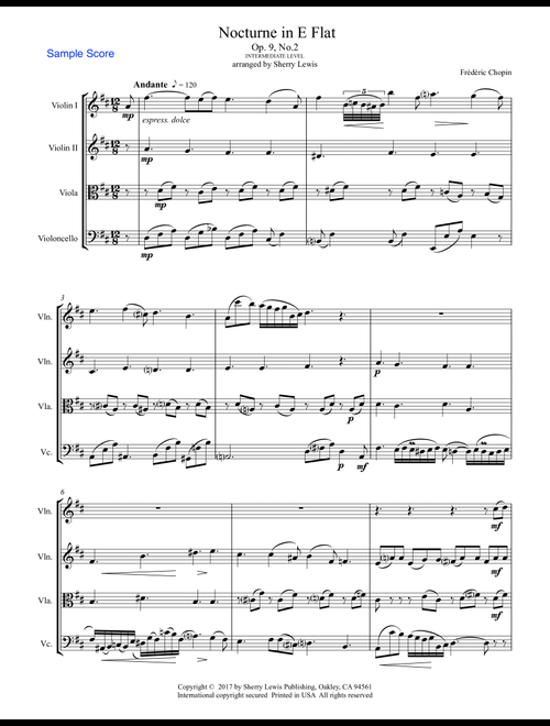 NOCTURNE Op.9 No.2 String Quartet Intermediate Level for 2 violins, viola and cello (Arr. Sherry Lewis Publishing) - Frederic Chopin (String Quartet)