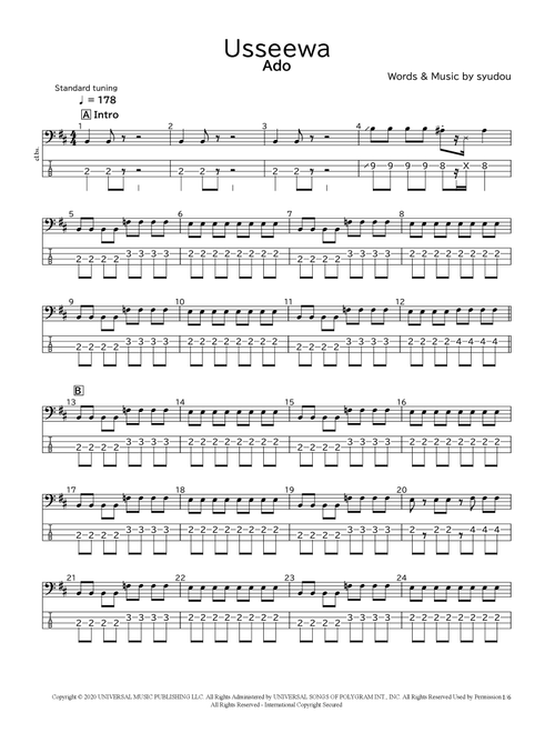 Usseewa (Arr. bassscore.masspro) - Ado (Bass Tab)