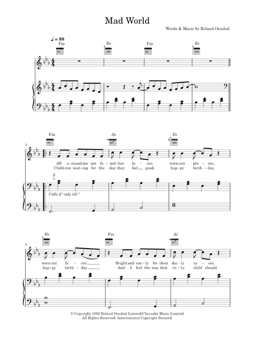 Mad World - Gary Jules, Michael Andrews, Michael Andrews featuring Gary Jules, Tears For Fears (Piano-Vocal-Guitar (Piano Accompaniment))