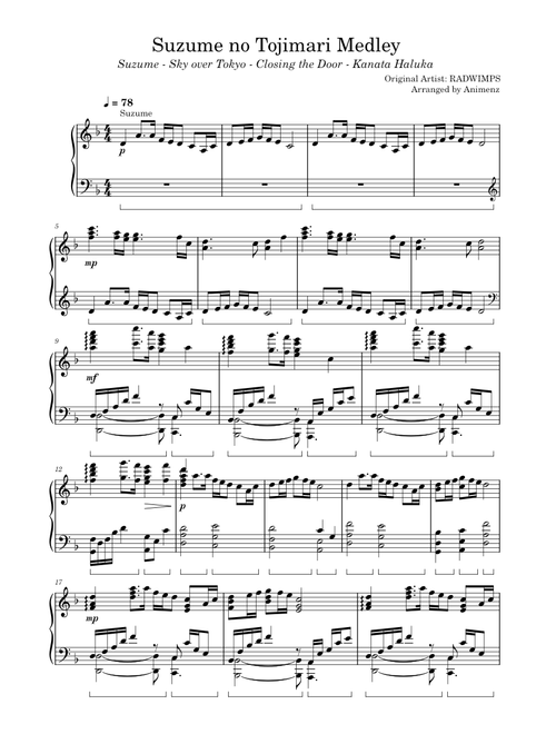 RADWIMPS - Suzume no Tojimari Soundtrack Medley (Animenz arr.) | Transcription