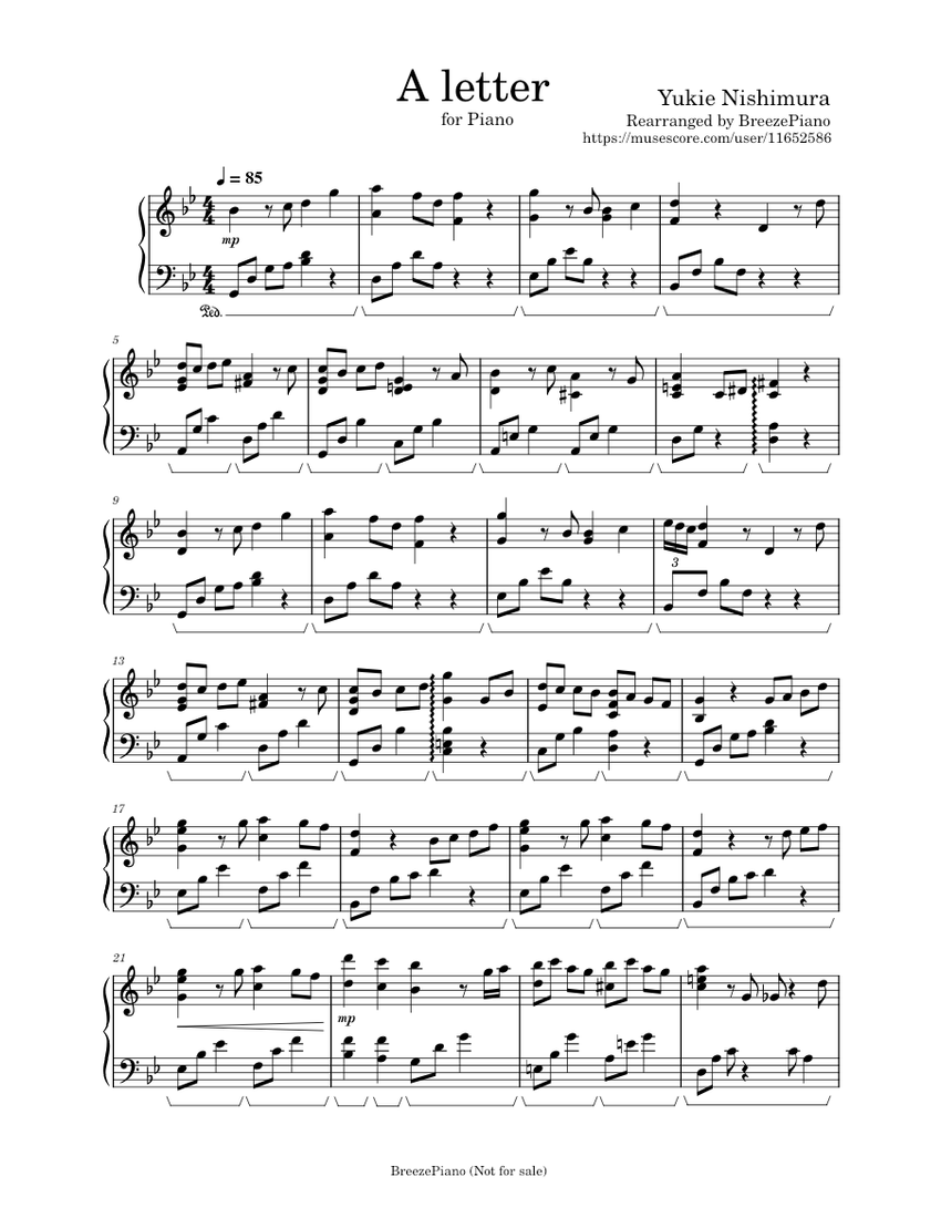 A Letter by Yukie Nishimura 西村由紀江 - BreezePiano Sheet Music