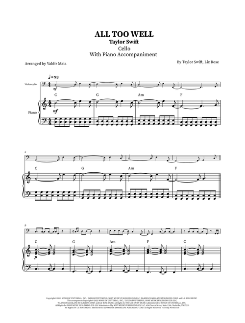 All Too Well (Arr. Valdir Maia) - Taylor Swift (Cello and Piano)