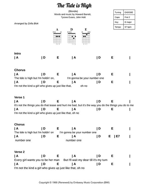 The Tide Is High (Arr. Zofia Blok) - Atomic Kitten (Guitar Chords-Lyrics)