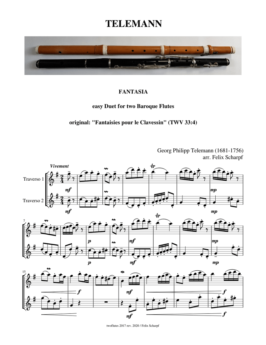 Telemann Georg Philipp Fantasia Twv 33 4 Easy Duet For Two Baroque Flutes Sheet Music For 