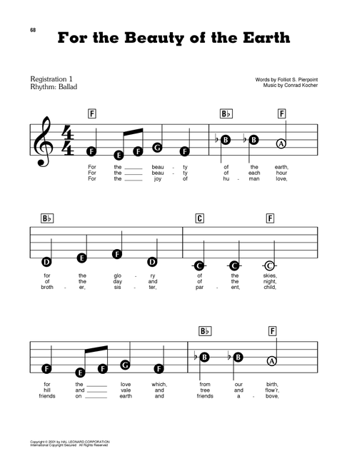 For The Beauty Of The Earth - Folliot S Pierpoint and Conrad Kocher, Conrad Kocher, Folliot S Pierpoint (E-Z Play Today)