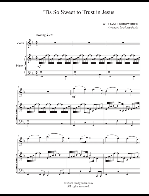 'Tis So Sweet to Trust in Jesus (Violin-Piano) (Arr. Marty Parks) - William J. Kirkpatrick (Violin and Piano)