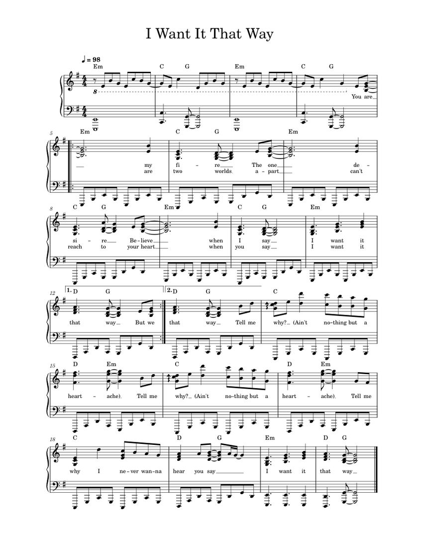 I Want It That Way – Backstreet Boys Sheet Music with Chords for