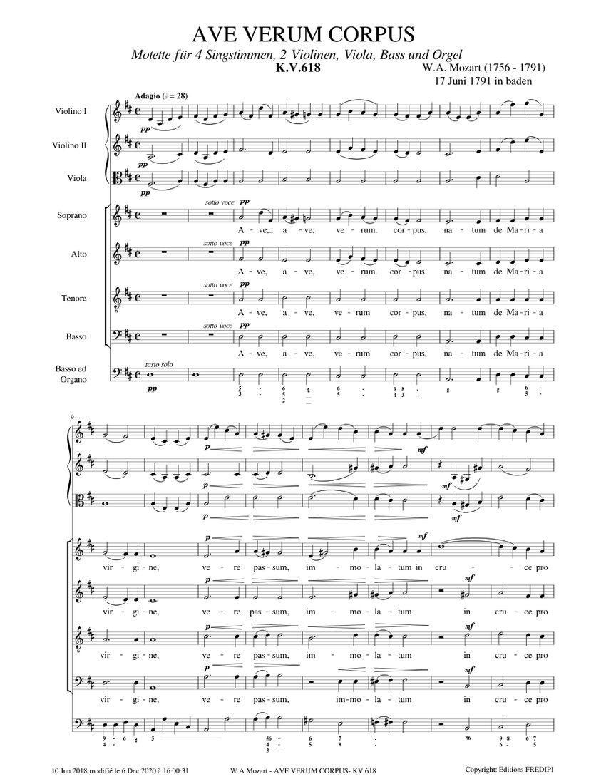 Ave verum corpus, KV 618 by Wolfgang Amadeus Mozart Sheet Music