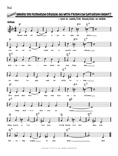 Where Did Robinson Crusoe Go With Friday On Saturday Night? (arr. Robert Rawlins) - Al Jolson (Real Book - Melody-Chords-Lyrics)