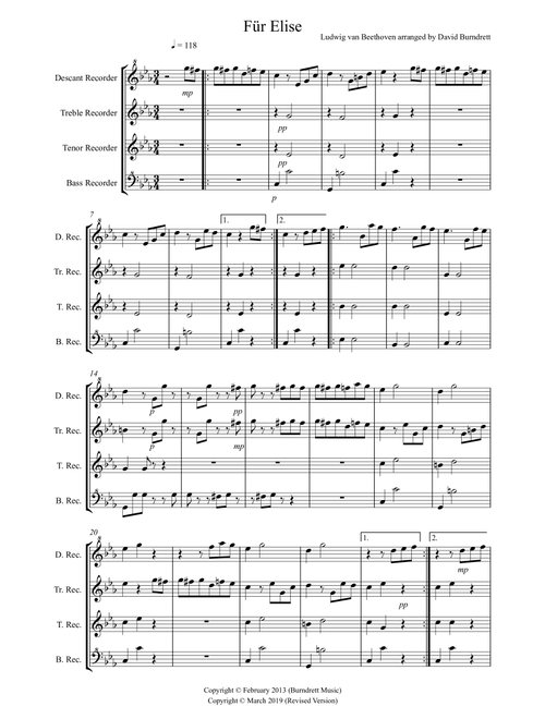 Fur Elise for Recorder Quartet (Arr. David Burndrett) - Ludwig van Beethoven (Recorder Solo)