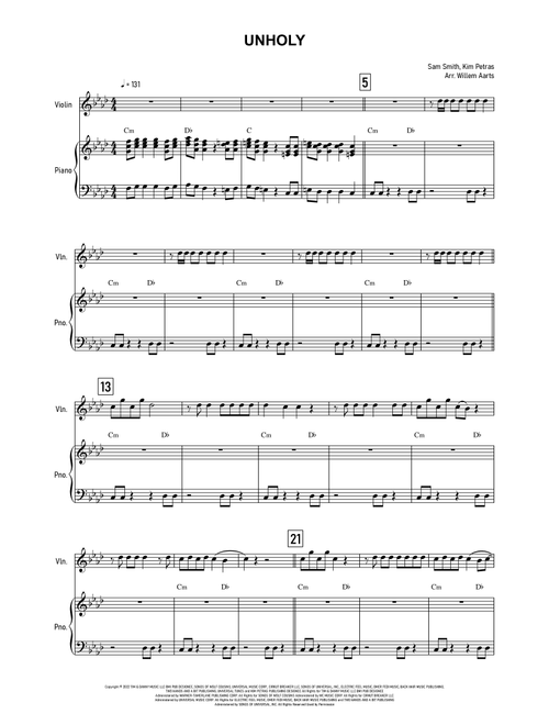 Unholy (Arr. Willem Aarts) - Sam Smith Feat Kim Petras (Violin and Piano)