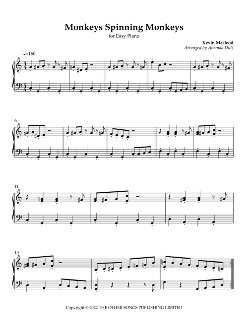 Monkeys Spinning Monkeys (Arr. Amanda Dills) - Kevin MacLeod (Easy Piano)