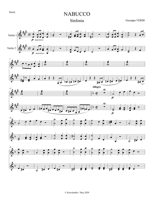 Giuseppe Verdi - Nabucco Sinfonia for violin duo (Arr. Julia Samarska) (Violin Duet)