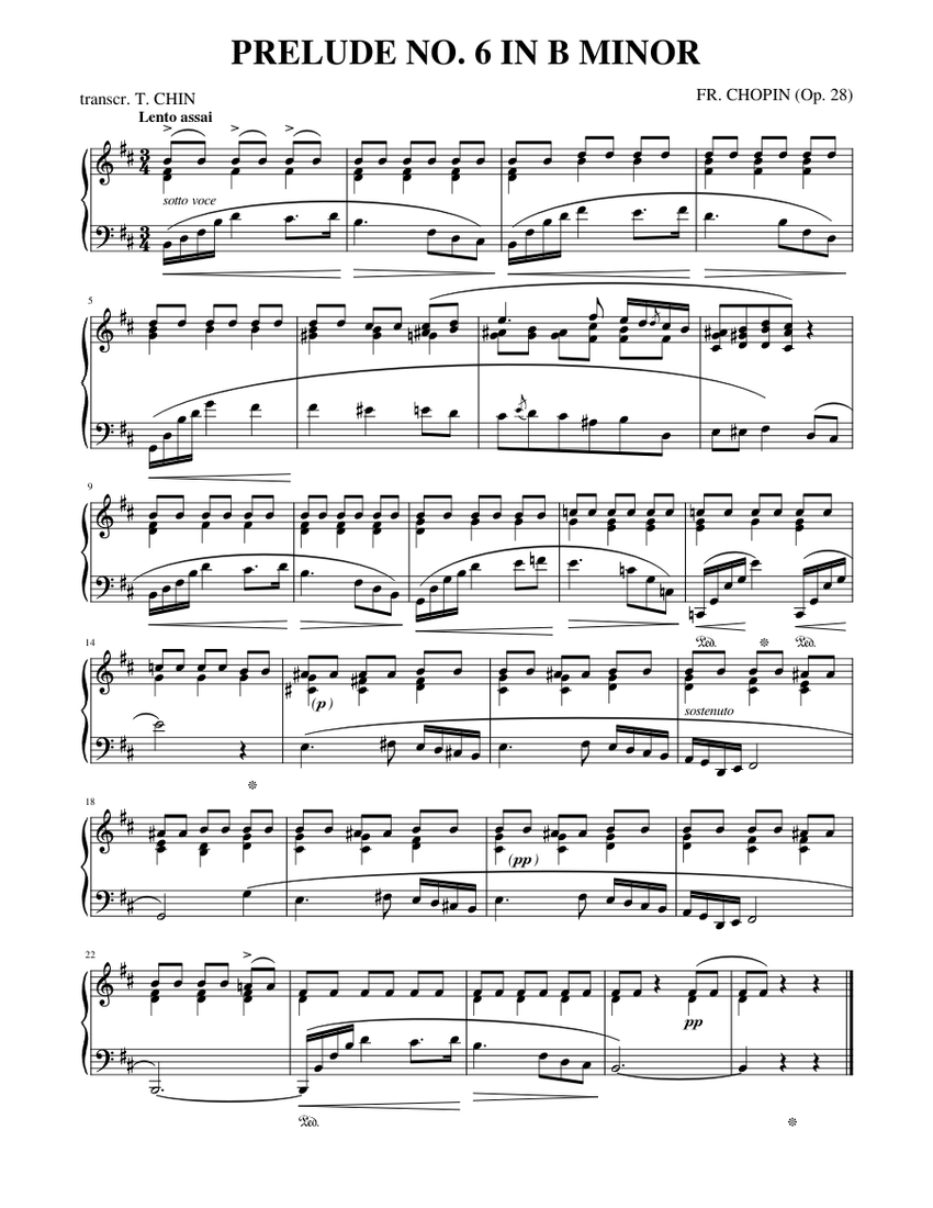 Chopin - Prelude No. 6 In B Minor (Op. 28) Sheet Music For Piano (Solo ...