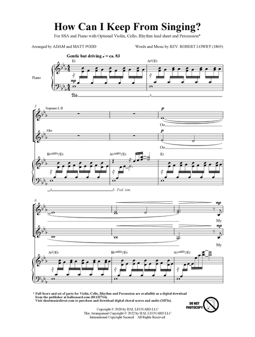 How Can I Keep From Singing (arr. Matt and Adam Podd) - Robert Lowry (Choral, SSA)