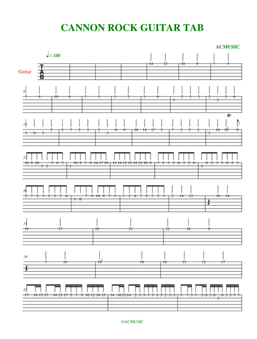 CANNON ROCK GUITAR TAB (Arr. archecollamusic) (Guitar Tab)