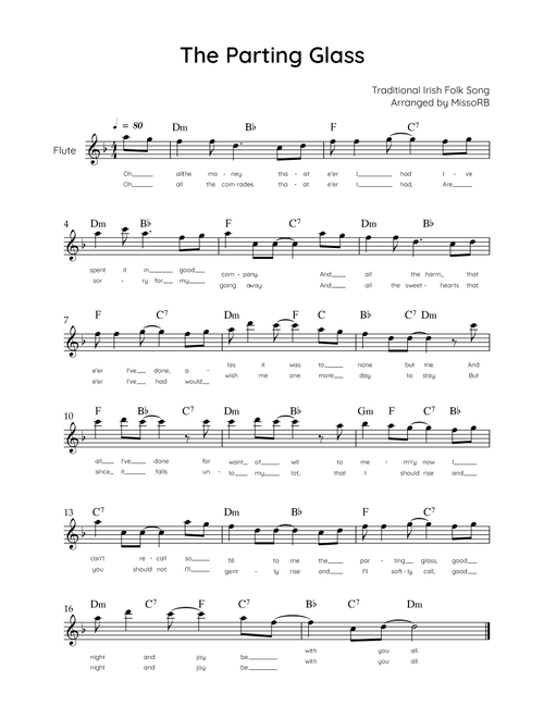 The Parting Glass - Flute in F - Easy With Chords & Lyric (Arr. MissoRB) - Traditional Irish Folk Song (Flute Solo)