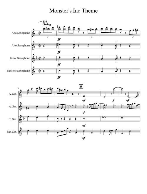 Monster's Inc Theme for Saxophone Quartet