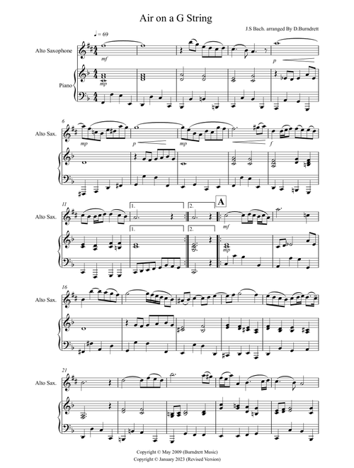 Air on a G String for Alto Saxophone and Piano (version two) (Arr. David Burndrett) - Johann Sebastian Bach (Alto Sax Solo)