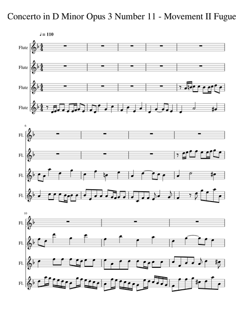 Antonio Vivaldi - Concerto in D Minor Opus 3 Number 11 - Movement II Fugue for Flute Quartet