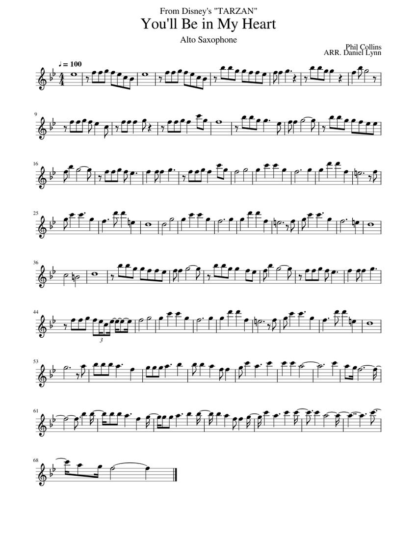 Tarzan - You'll Be in My Heart Sheet Music for Saxophone