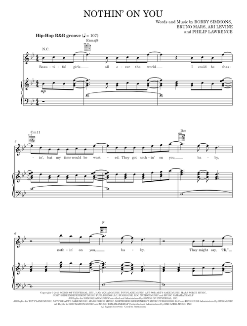 Nothin' On You - B.o.B., B.o.B. featuring Bruno Mars, Bruno Mars (Piano-Vocal-Guitar)