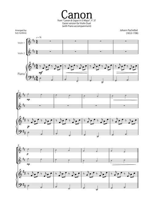 "Canon" by Pachelbel - Beautiful EASY version for VIOLIN DUET and PIANO. (Arr. Iury Cardoso) - Johann Pachelbel (Instrumental Duet and Piano)