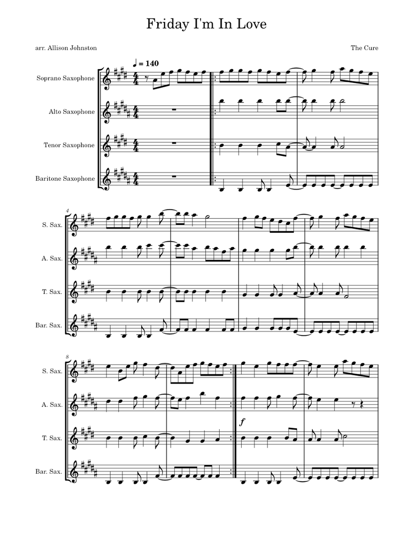 Friday I'm In Love – The Cure SATB Sheet Music for Saxophone