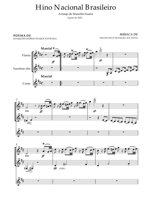 Hino Nacional Brasileiro, para Canto, Flauta Transversal e Saxofone Alto (Arr. Maurílio Soares) - Francisco Manuel Da Silva (Instrumental Duet)