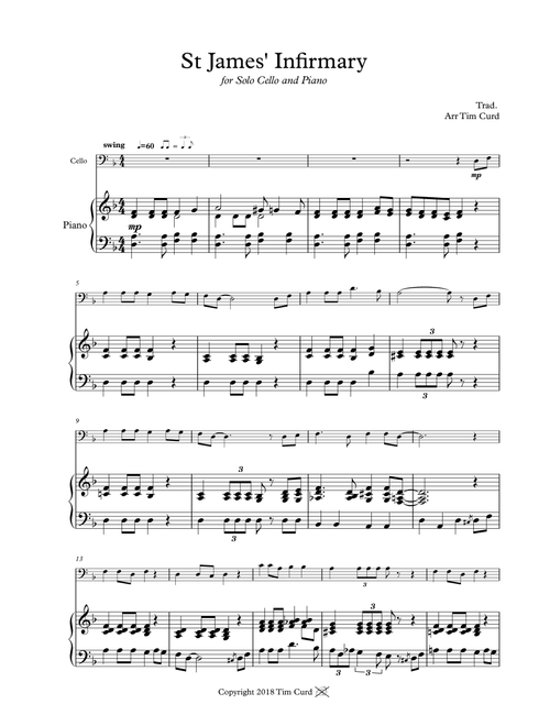 St James' Infirmary. For Solo Cello and Piano (Arr. Tim Curd) - trad. (Cello and Piano)