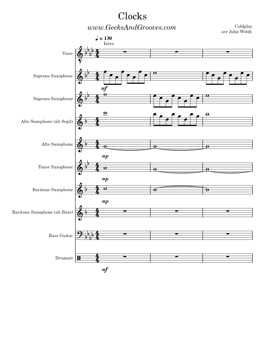 Clocks Coldplay Clocks + Bass Sheet music for Vocals, Saxophone alto