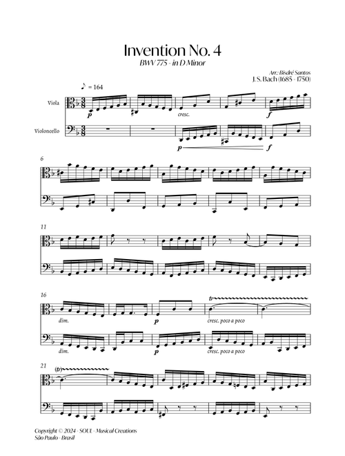 BWV 775 - Invention No. 4 in D Minor (Arr. Bisdre Santos) - J S Bach (Instrumental Duet)