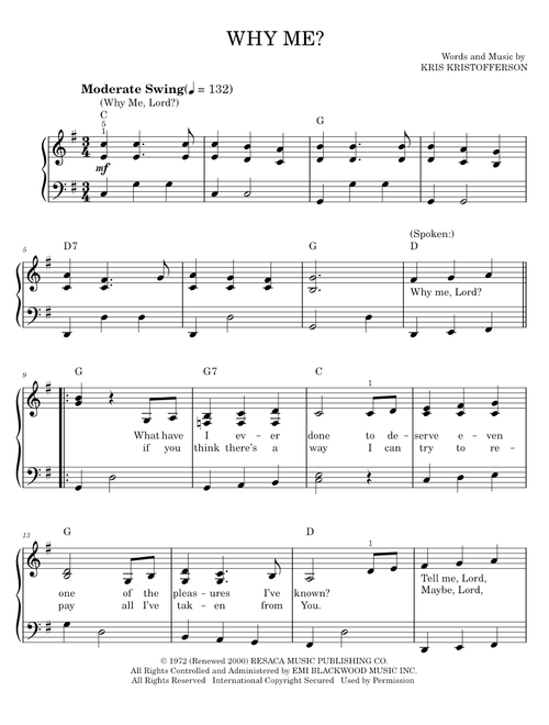 Why Me? (Why Me, Lord?) - Cristy Lane, Kris Kristofferson (Easy Piano)