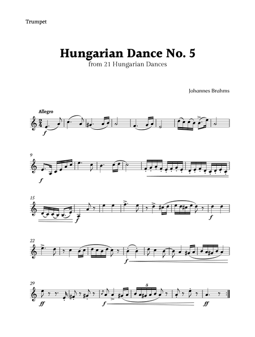 Hungarian Dance No. 5 by Brahms for Trumpet Solo (Arr. Rika K.) (Trumpet Solo)