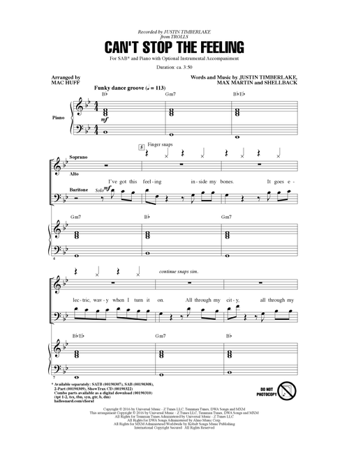 Can't Stop The Feeling (from Trolls) (arr. Mac Huff) - Justin Timberlake (Choral, SAB)