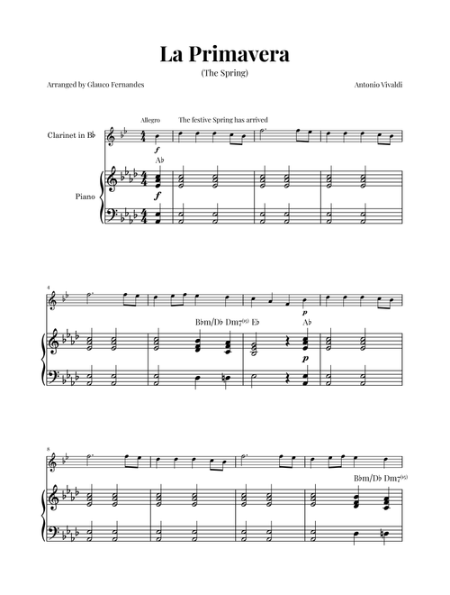 La Primavera (The Spring) by Vivaldi - Clarinet and Piano with Chord Notations (Arr. Glauco Fernandes) - Antonio Vivaldi (Clarinet and Piano)