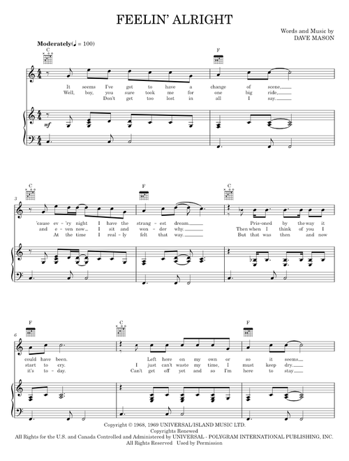 Feelin' Alright - Joe Cocker, Traffic (Piano-Vocal-Guitar)