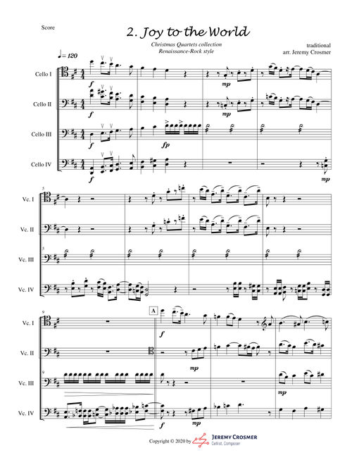 Joy to the World CELLO quartet - ADVANCED (Arr. Jeremy Crosmer) (String Quartet)