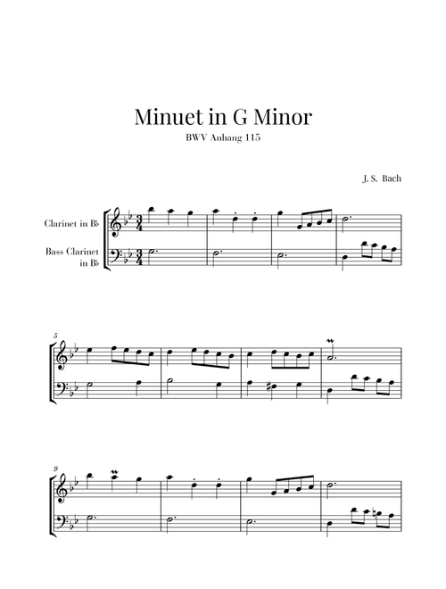 Bach - Minuet in G Minor (BWV Anhang 115) for Clarinet and Bass Clarinet (Arr. Cadenza Editions) - Johann Sebastian Bach (Instrumental Duet)
