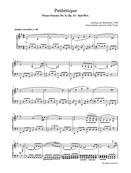 Beethoven - Adagio Cantabile from Sonate Pathetique Op.13 (Arr. Julio Costa) - Ludwig Van Beethoven (Easy Piano)