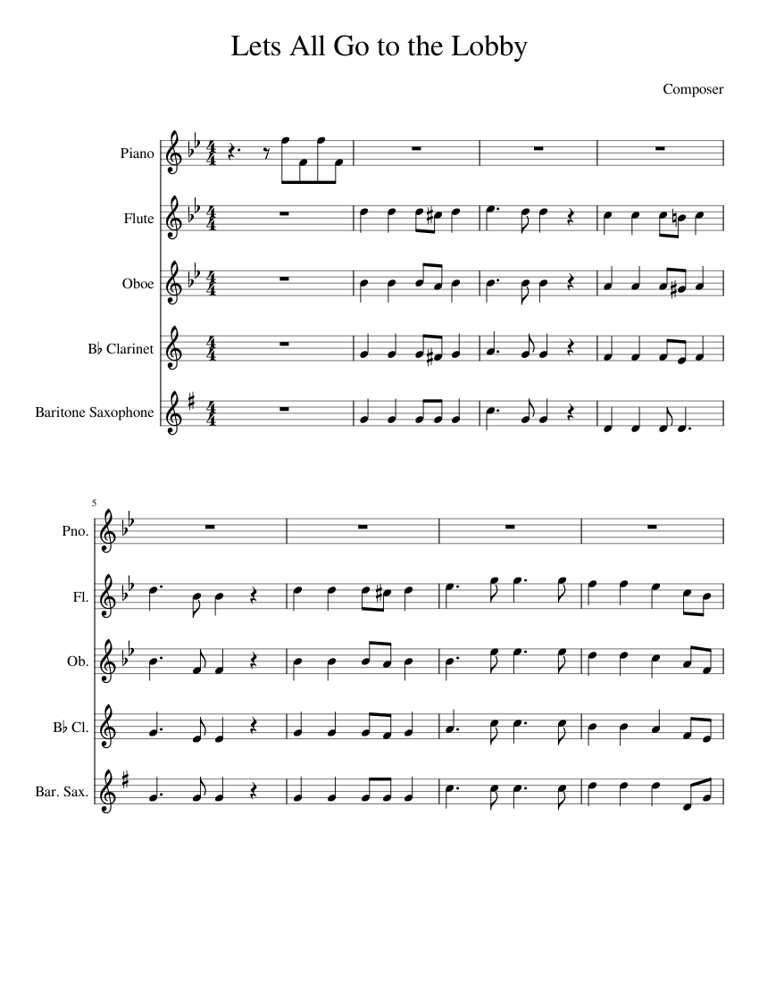 Lets all go to the lobby Sheet Music for Piano, Flute, Oboe, Clarinet ...