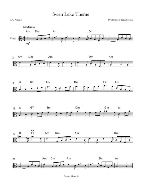 Tchaikovsky – Swan Lake (Theme) | Viola Lead Sheet with Chord Symbols in A minor (Arr. Arezzo Music) (Viola Solo)